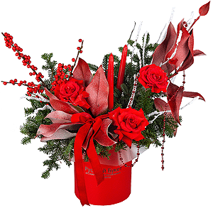 Rose Red 50 cm Ecuador - 7, Round flower box small , Oasis, Salal, Spruce branches (1pc.), Christmas decor (set), Candle, Artificial branch, Ribbon, Ilex