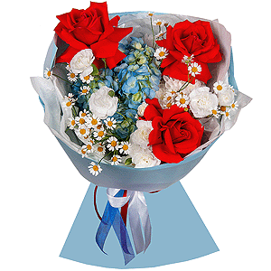 Red rose Nina 50 cm - 5, Blue/purple hydrangea - 1, Chamomile - 2, White spray carnation - 3, Bacardi White Spray Chrysanthemum - 1, Wrapping Paper