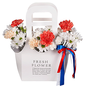 Bacardi White Spray Chrysanthemum - 1, Orange carnation - 4, White spray carnation - 2, Carnation white, cream - 5, Flower bag, Oasis, Ribbon