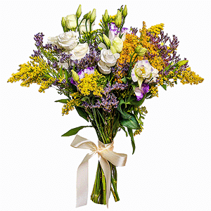 lisianthus - 9, Solidago (1 pc.), Limonium (1 pc.), Ribbon