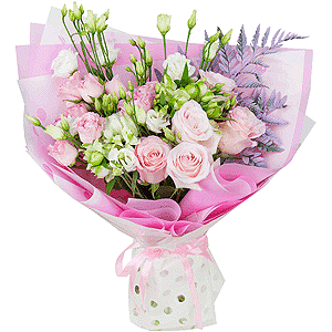 Pink rose 50 cm - 8, lisianthus - 6, Bright pink spray rose mix, 50 cm - 4, Alstromeria white, soft pink - 3, Fern (1 pc.), Wrapping Paper