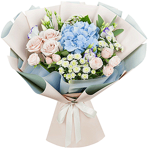 Blue/purple hydrangea - 2, Rose Powder 50 cm Ecuador (Quicksand, Menta) - 4, Spray rose: white, cream, light pink 50 cm - 3, Purple Lisianthus (Eustoma) - 4, Athos poms Stallion - 4, Eucalyptus populus (1 pc.), Wrapping Paper