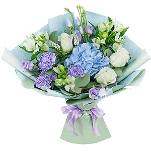 Blue/purple hydrangea - 2, Lilac carnation - 4, Alstromeria white, soft pink - 4, Purple Lisianthus (Eustoma) - 3, White rose 50 cm - 4, Veronica spray, Eucalyptus populus (1 pc.), Wrapping Paper