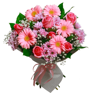 Pink rose 50 cm - 9, Gerbera pink - 7, Bacardi Pink Spray Chrysanthemum - 7, Gypsophila - 3, Salal, Felt, Ribbon