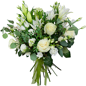 Lilies - 3, White rose 50 cm - 7, lisianthus - 4, Pistachio, Eucalyptus populus (1 pc.), Ribbon