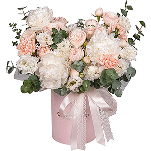 Peony white - 3, Peony sprayrose - 3, Carnation white, cream - 9, Baltica White Spray Chrysanthemum - 3, lisianthus - 3, Round flower box small , Oasis, Eucalyptus, Ribbon