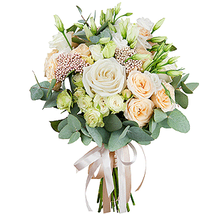 Spray rose: white, cream, light pink 50 cm - 9, White rose 50 cm - 5, lisianthus - 4, Ozotamnus, Eucalyptus Cinerea, Ribbon