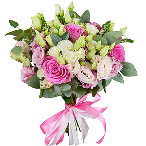 Pink rose 50 cm - 7, Pink Lisianthus (Eustoma) - 5, Spray rose: white, cream, light pink 50 cm - 5, Veronica spray, Ribbon, Eucalyptus