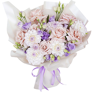 Rose Powder 50 cm Ecuador (Quicksand, Menta) - 11, White Dahlia - 8, Purple Lisianthus (Eustoma) - 6, Wrapping Paper