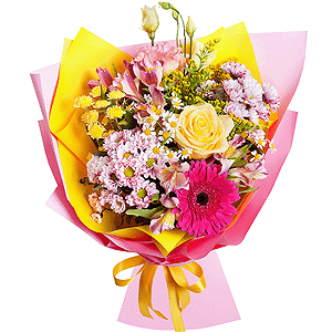 Daisy poms Santini pink, purple - 3, Pink Lisianthus (Eustoma) - 2, Yellow rose 50 cm - 2, Purple gerbera - 3, Alstromeria white, soft pink - 3, Athos poms Stallion - 2, Chamomile - 1, Solidago (1 pc.), Wrapping Paper, Ribbon