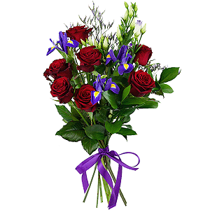 Purple Lisianthus (Eustoma) - 6, Red rose 50 cm - 15, Irises - 6, Limonium (1 pc.), Ruscus, Ribbon