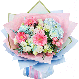 Blue/purple hydrangea - 1, Gerbera pink - 6, Blue carnation - 7, Spray rose: white, cream, light pink 50 cm - 5, lisianthus - 4, Aspidistra (1 pc.), Eucalyptus, Wrapping Paper