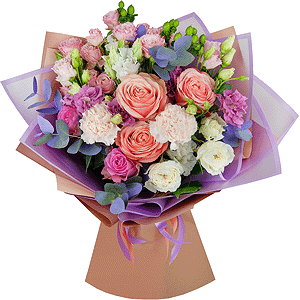 Peony rose Kahala 50 cm - 5, Pink rose 50 cm - 5, lisianthus - 2, Bright pink spray rose mix, 50 cm - 4, Pink carnation - 5, White rose 50 cm - 3, Pink Lisianthus (Eustoma) - 2, Hypericum, Eucalyptus Cinerea, Wrapping Paper