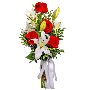 Red rose 50 cm - 7, Lilies - 4, Pistachio, Ribbon