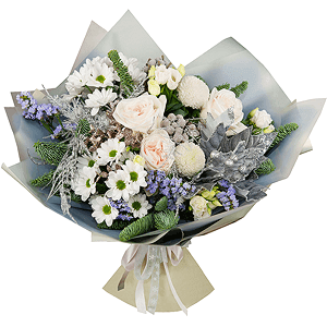Peony style roses - 5, Momoko Chrysanthemum - 3, lisianthus - 4, Bacardi White Spray Chrysanthemum - 3, Brunia Green Lanuginosa (1 pc.), Decorative element medium, Blue Statice, Asparagus umbelatus (1 pc.), Wrapping Paper, Ribbon, Spruce branches (1pc.)