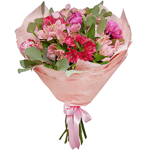 Peony pink - 7, Alstromeria white, soft pink - 9, Eucalyptus populus (1 pc.), Wrapping Paper