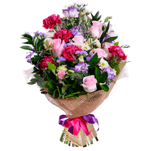 Pink rose 50 cm - 13, Pink carnation - 8, Santini White Spray Chrysanthemum - 8, Purple Lisianthus (Eustoma) - 8, Blue Statice, Ruscus, Eucalyptus parvifolia (1 pc.), Salal, Jute 1 meter, Ribbon
