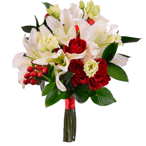 Лилии - 4, Роза красная 50 см - 5, Лизиантус - 4, Гиперикум, Рускус, Лента