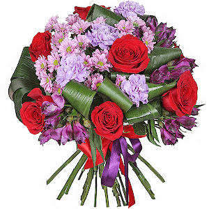Red rose 50 cm - 9, Alstromeria lilac, purple - 5, Daisy poms Santini pink, purple - 3, Lilac carnation - 5, Aspidistra (1 pc.), Ribbon