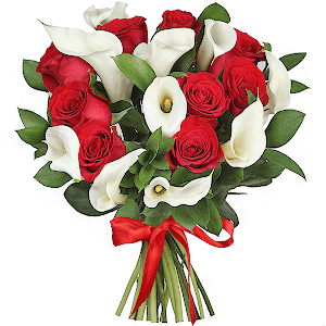 Calla lilies - 12, Red rose 50 cm - 13, Ruscus, Ribbon