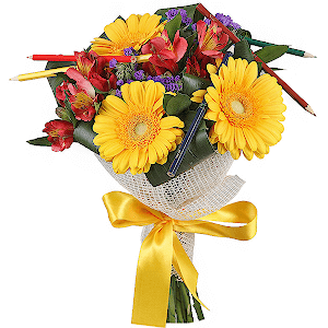 Gerbera yellow - 4, Alstromeria Red, Bright Pink - 3, Blue Statice, Ruscus, Aspidistra (1 pc.), Mesh (Abaka), Ribbon, A set of pencils