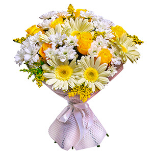 Yellow rose 50 cm - 11, Gerbera yellow - 9, Bacardi White Spray Chrysanthemum - 9, Solidago (1 pc.), Felt, Ribbon