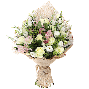 White rose 50 cm - 12, Alstromeria white, soft pink - 4, lisianthus - 6, Green bell (1 pc.), Salal, Sackcloth, 1m, String 1 meter
