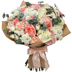 Pink rose 50 cm - 9, White rose 50 cm - 6, Spray rose: white, cream, light pink 50 cm - 10, Carnation white, cream - 7, Athos poms Stallion - 7, Eucalyptus parvifolia (1 pc.), Wrapping Paper, Ribbon