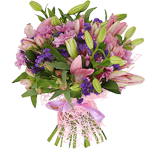 Pink lily - 4, Alstromeria white, soft pink - 7, Bacardi Pink Spray Chrysanthemum - 4, Blue Statice, Ruscus, Mesh (Abaka), Ribbon
