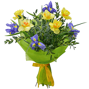Narcissus - 9, Irises - 8, Eucalyptus parvifolia (1 pc.), Felt, Ribbon