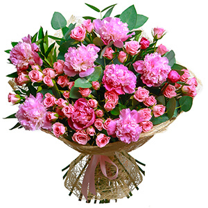 Peony pink - 12, Bright pink spray rose mix, 50 cm - 16, Eucalyptus parvifolia (1 pc.), Sisal, Ribbon