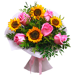 Sunflower - 5, Pink rose 50 cm - 7, Pistachio, Ribbon, Felt
