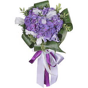 Blue/purple hydrangea - 3, Aspidistra (1 pc.), Eucalyptus parvifolia (1 pc.), Feathers decor., Ribbon