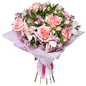 White Cymbidium Orchid Bud - 8, Alstromeria lilac, purple - 10, Spray rose: white, cream, light pink 50 cm - 7, Pink rose 50 cm - 11, Felt, Ribbon, Flask for orchids