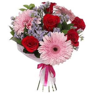 Gerbera pink - 5, Red rose 50 cm - 9, Blue Statice, Felt, Ribbon, Salal