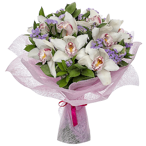 White Cymbidium Orchid Bud - 19, Ruscus, Blue Statice, Felt, Ribbon, Flask for orchids
