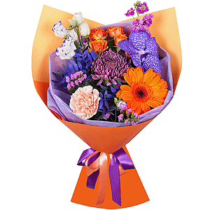Chrysanthemum Bigoudi purple - 1, Spray rose: yellow, orange 50 cm - 2, Carnation white, cream - 2, Matthiola Lilac - 1, Gerbera daisies - 1, Vanda Orchid bud - 1, Purple Lisianthus (Eustoma) - 2, Flask for orchids, Pistachio, Wrapping Paper, Pink Statice