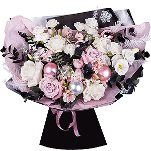 Pink rose 50 cm - 3, Peony sprayrose - 4, Alstromeria white, soft pink - 5, Carnation white, cream - 7, lisianthus - 3, White rose 50 cm - 6, Pistachio, Eucalyptus Cinerea, Dried flowers decor, Christmas decor (set), Wrapping Paper