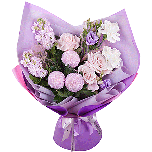 Pink Matthiola - 3, Momoko Chrysanthemum - 4, Rose Powder 50 cm Ecuador (Quicksand, Menta) - 5, Carnation white, cream - 5, Purple Lisianthus (Eustoma) - 3, Dried flowers decor, Wrapping Paper