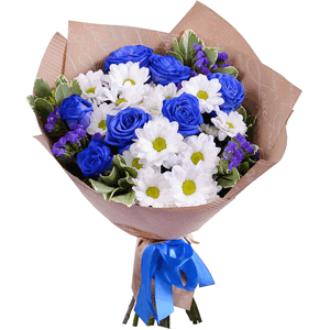 Arrangement of blue roses and chrysanthemums with delivery Yaroslavl