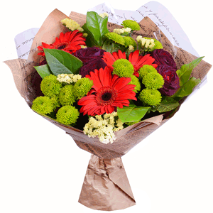 Arrangement of black roses and red gerberas with delivery Yaroslavl