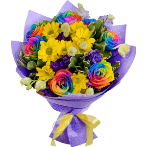 Rainbow rose - 9, Bacardi Yellow Spray Chrysanthemum - 3, Purple Lisianthus (Eustoma) - 5, Felt, Ribbon, Pittosporum