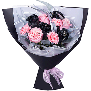 Rose black - 4, Pink rose 50 cm - 4, Pink carnation - 5, Eucalyptus, Wrapping Paper
