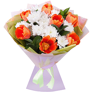 Baltica White Spray Chrysanthemum - 4, Orange tulip - 13, Ruscus, Wrapping Paper, Ribbon