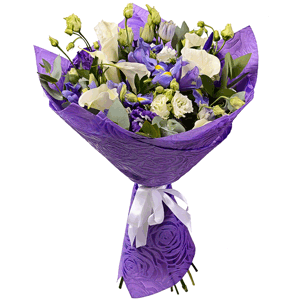 Calla lilies - 7, Irises - 7, lisianthus - 6, Ruscus, Eucalyptus Cinerea, Felt, Ribbon