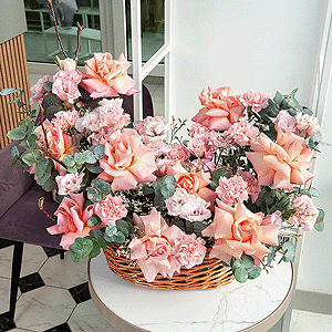Pink rose 70 cm Ecuador  - 11, Pink Lisianthus (Eustoma) - 4, Pink carnation - 19, Medium Basket, Oasis, Limonium (1 pc.), Eucalyptus
