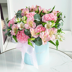 Pink carnation - 9, Alstromeria white, soft pink - 8, Round flower box small , Oasis, Ribbon, Eucalyptus