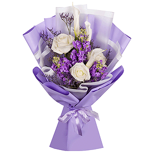 Calla lilies - 3, White rose 50 cm - 5, Matthiola Lilac - 3, Limonium (1 pc.), Wrapping Paper, Ribbon