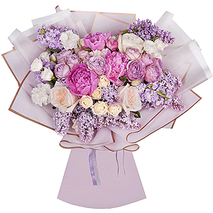 Пион розовый - 3, Сирень сиреневая - 3, Маттиола сиреневая - 4, Гвоздика белая, кремовая - 9, Лизиантус - 2, Роза кустовая белая, кремовая, нежно-розовая 50 см - 3, Роза кустовая пионовидная Лавандер 50 см - 3, Роза пионовидная 'OHara' белая - 5, Современная упаковка