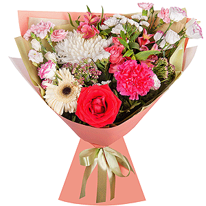 Magnum White Chrysanthemum - 1, Gerbera white - 1, Pink carnation - 2, Santini White Spray Chrysanthemum - 3, Bright pink spray rose mix, 50 cm - 2, Alstromeria white, soft pink - 3, Red rose 50 cm - 2, Pink Lisianthus (Eustoma) - 2, Pink spray carnation - 2, Ozotamnus, White statice, Pistachio, Wrapping Paper